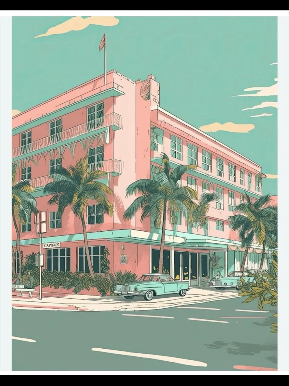 Retro Pink & Teal Art Print - Palm Beach Hotel Illustration
